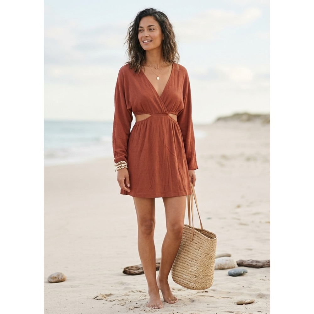 Free‎ People FP Beach Stasia Mini Dress Womens M Brown Crepe V Neck Side Cut Out